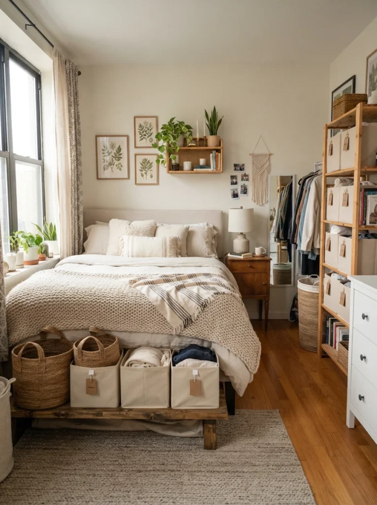 Small bedroom with matching woven storage baskets and neutral organization bins, warm layered decor, realistic apartment proportions, ultra realistic Pinterest photography