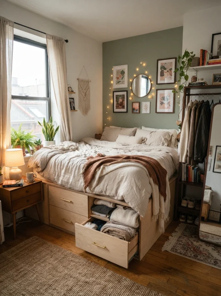 Ultra realistic small bedroom with built-in storage bed drawers, warm linen bedding, cozy apartment atmosphere, realistic compact layout, Pinterest-style interior photography