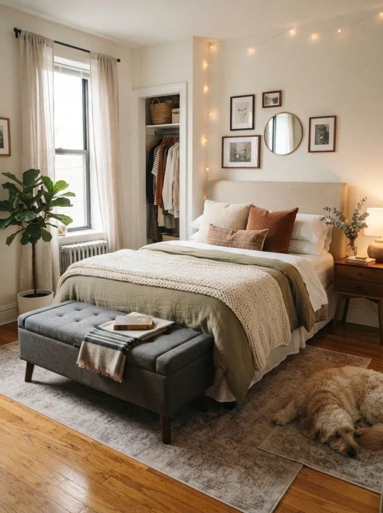Elegant small bedroom with upholstered storage bench at foot of bed, warm layered bedding, realistic cozy apartment atmosphere, ultra realistic Pinterest photography