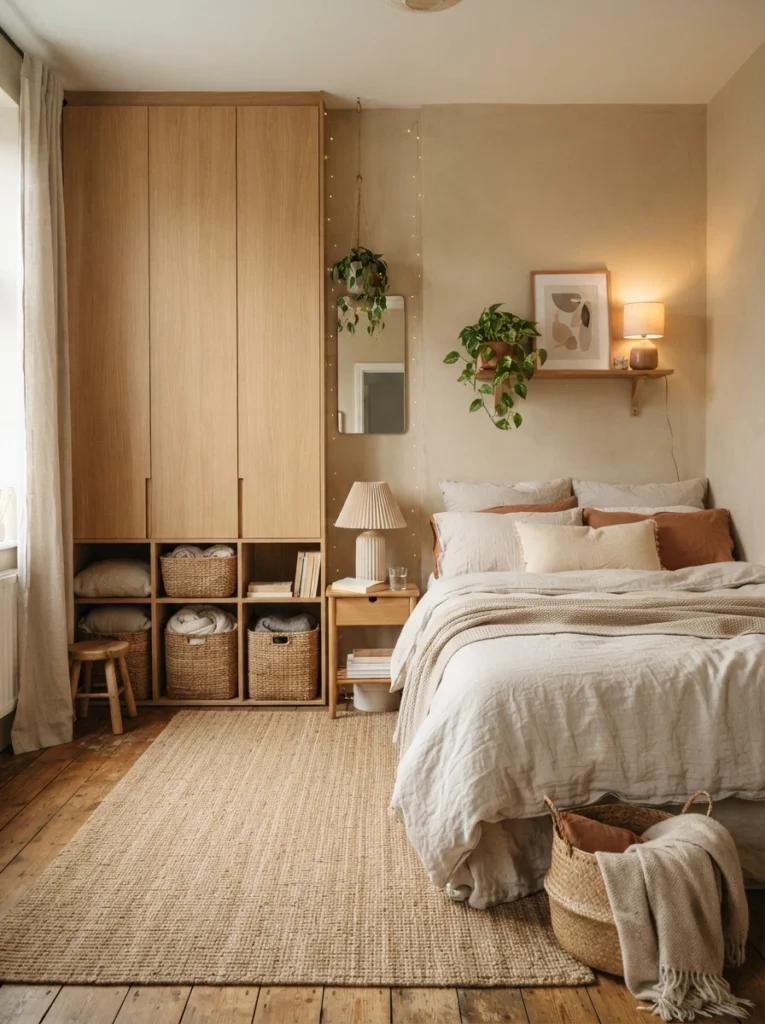 Small bedroom with soft closed storage cabinets and woven baskets, warm neutral palette, realistic cozy apartment atmosphere, Pinterest-style photography