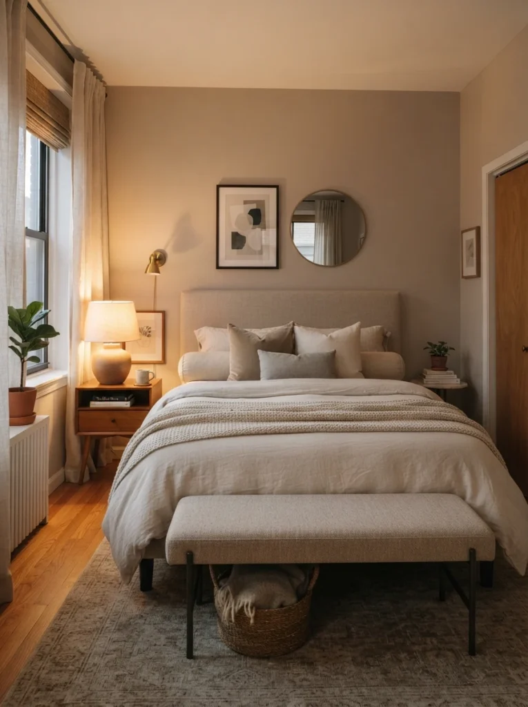 Elegant small bedroom with slim upholstered bench at foot of bed, warm neutral bedding, layered lighting, realistic apartment atmosphere