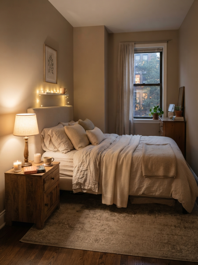 Ultra realistic warm relaxing small bedroom with emotional calm atmosphere, layered warm lighting, cozy neutral textures, uncluttered realistic apartment layout