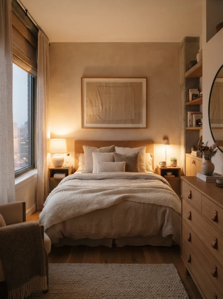 Cozy high-end small bedroom with warm neutral color palette, layered beige textures, oak furniture, soft evening lighting, realistic compact apartment atmosphere, ultra realistic Pinterest bedroom photography