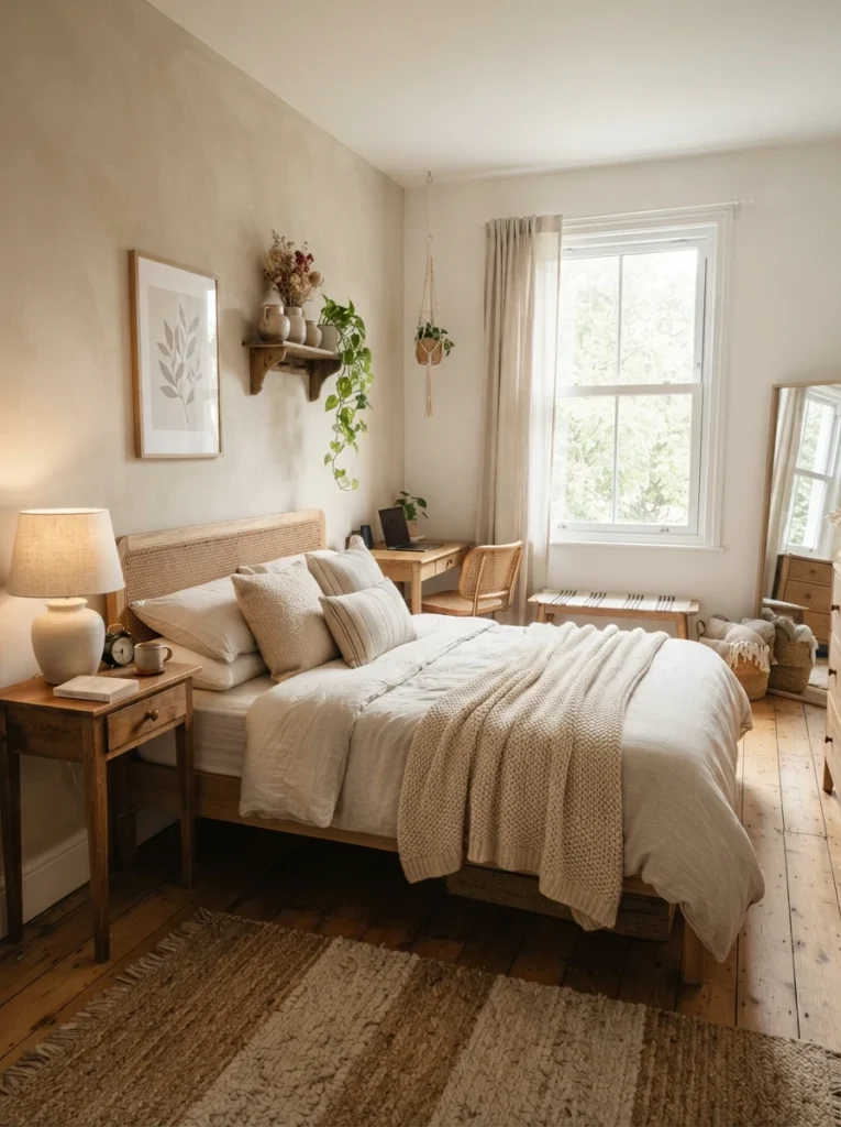 Small Pinterest-inspired bedroom with cohesive warm neutral palette, earthy textures, soft natural lighting, cozy compact layout, ultra realistic interior photography