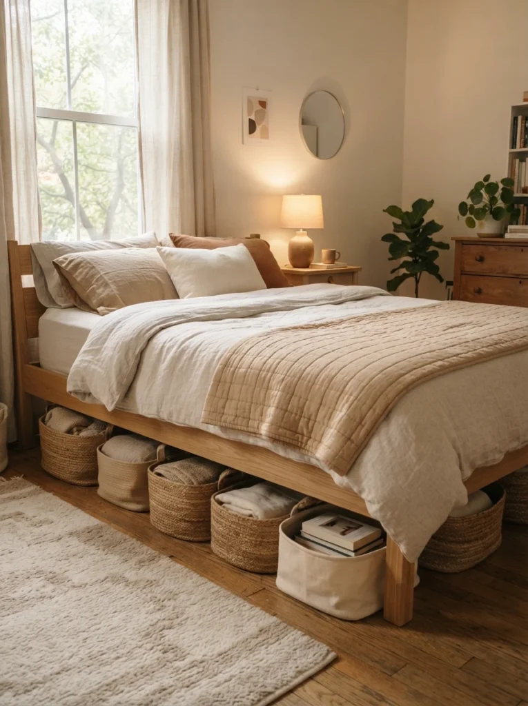 Warm cozy bedroom with low-contrast under-bed storage in beige and soft earth tones, realistic apartment atmosphere, calming minimalist styling, ultra realistic Pinterest bedroom photography