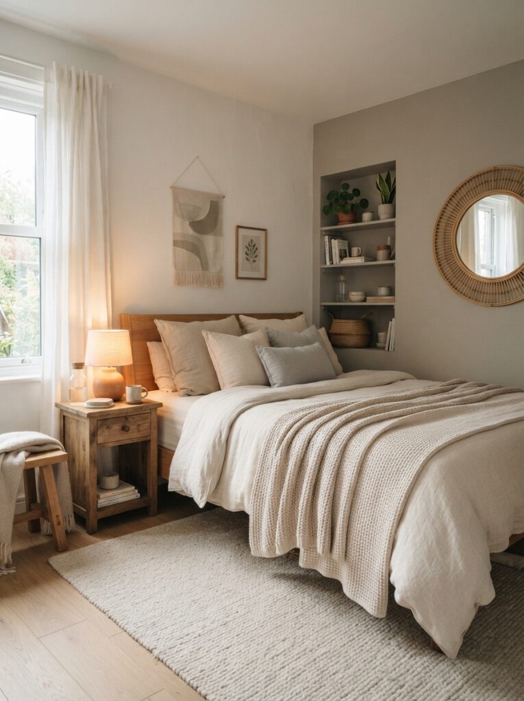 Ultra realistic calm small bedroom with clean cozy styling, warm layered lighting, soft neutral textures, uncluttered peaceful atmosphere, Pinterest-style interior photography