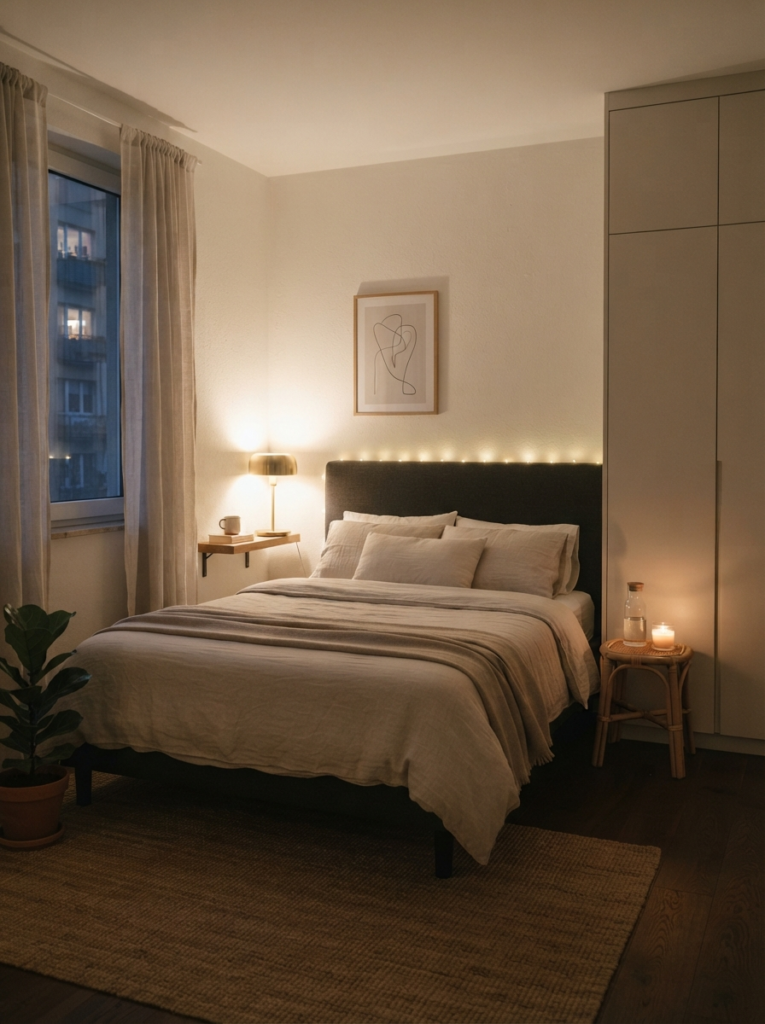 Minimal calming bedroom with visually quiet nighttime layout, hidden clutter, warm layered lighting, realistic compact apartment atmosphere