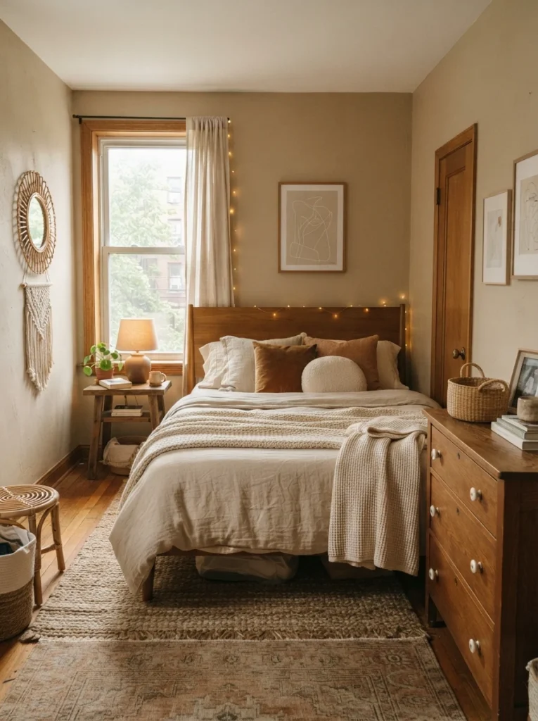 Small calming bedroom with cohesive warm neutral tones, layered textures, soft natural daylight, realistic cozy apartment atmosphere