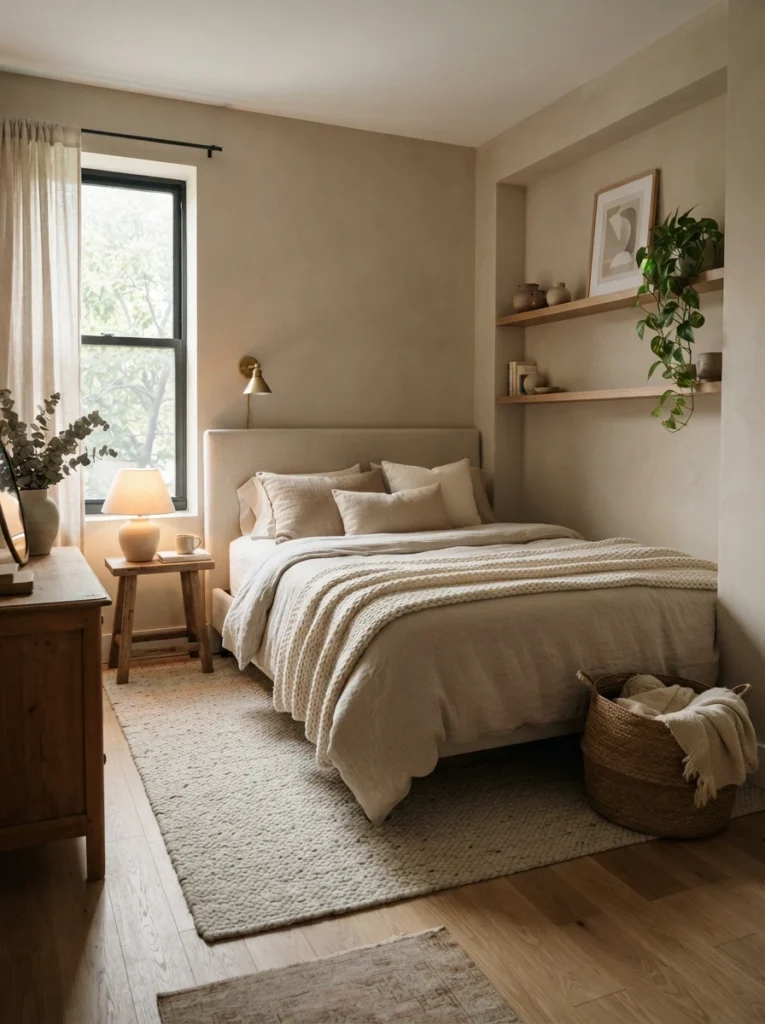 Small calming bedroom with cohesive warm neutral tones and low visual contrast, layered natural textures, realistic apartment atmosphere, ultra realistic Pinterest interior photography