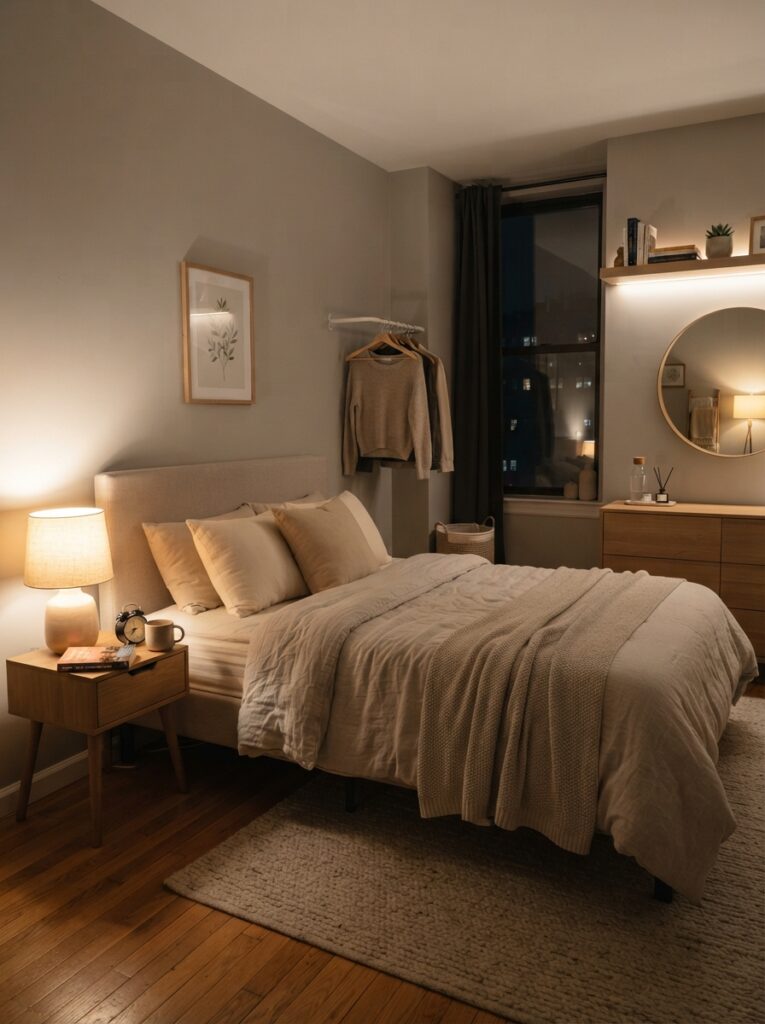 Ultra realistic calming small bedroom with practical nighttime layout, warm layered lighting, clean surfaces, cozy neutral decor, realistic apartment atmosphere