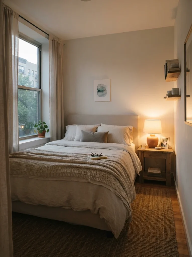 Ultra realistic calming small bedroom focused on emotional softness and visual peace, warm layered lighting, cozy neutral decor, uncluttered realistic apartment atmosphere