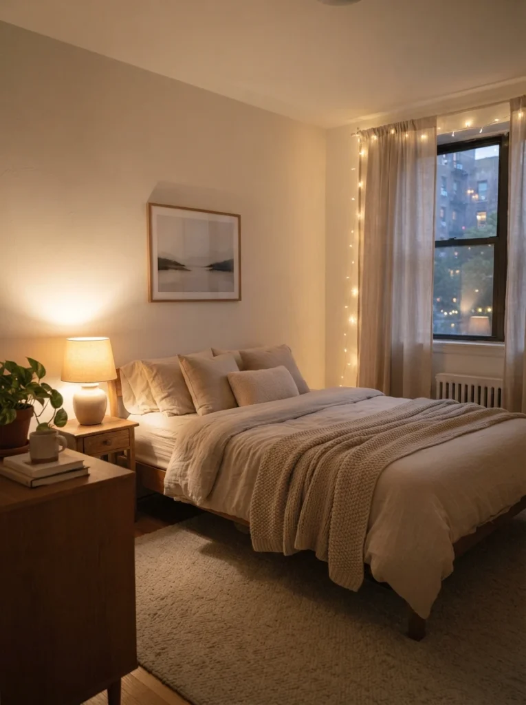 Ultra realistic calming small bedroom focused on emotional softness and visual peace, warm layered lighting, cozy neutral textures, uncluttered realistic apartment atmosphere