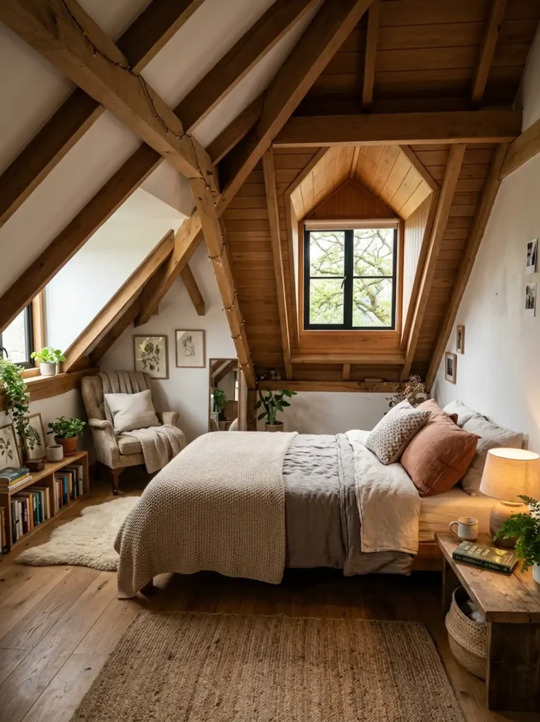 Cozy attic-style bedroom with low furniture beneath slanted ceiling, warm natural textures, realistic compact atmosphere