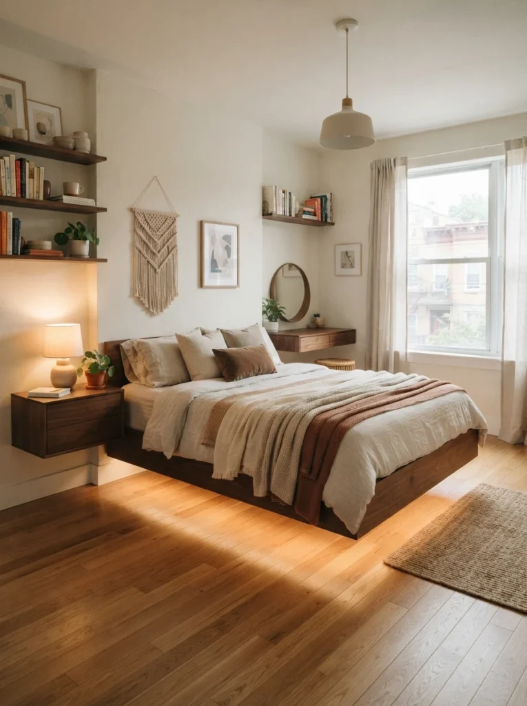 Small cozy apartment bedroom with floating furniture and visible flooring, warm layered textures, airy calming atmosphere, realistic apartment proportions