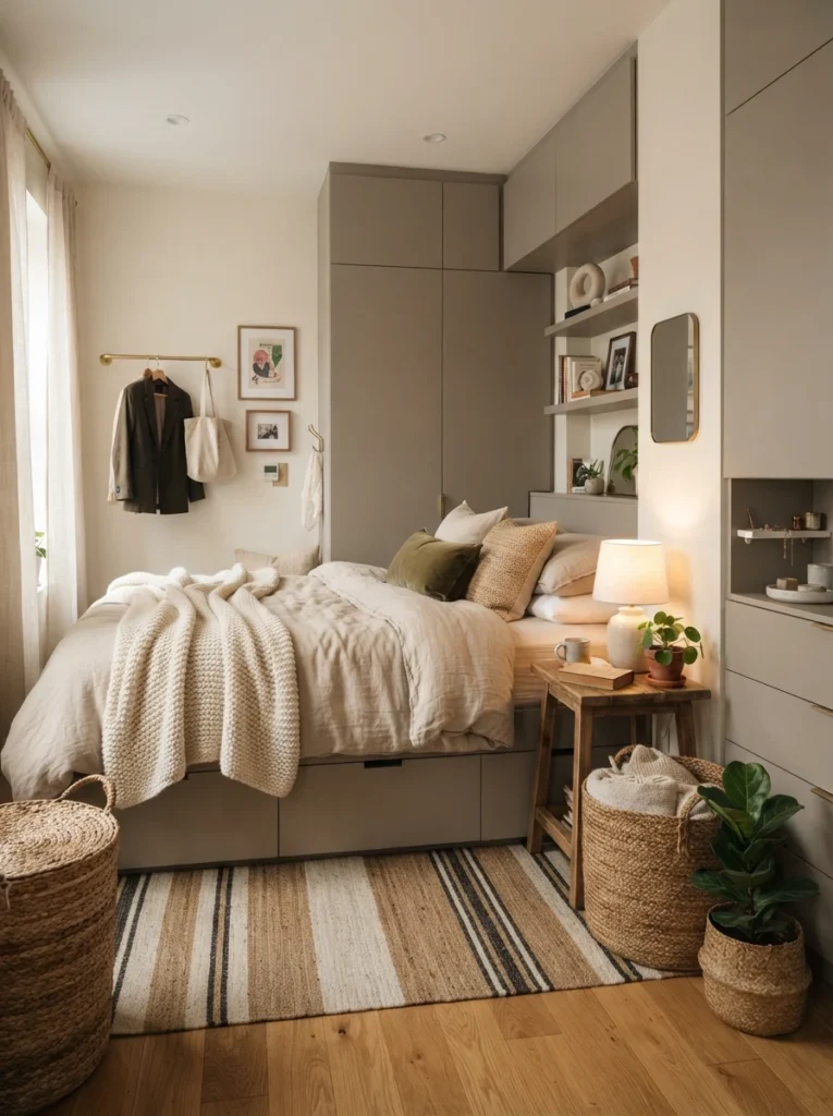 Cozy apartment bedroom with hidden closed storage and woven baskets, warm layered textures, realistic compact atmosphere, calm organized styling, Pinterest-worthy ultra realistic photography
