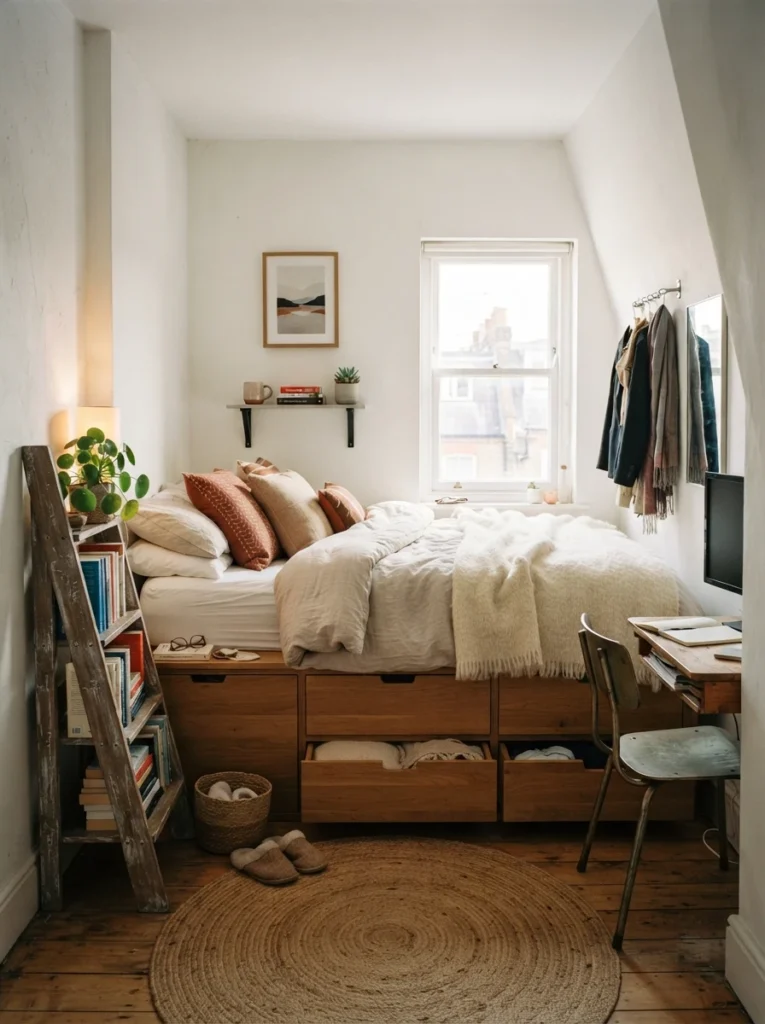 Cozy small apartment bedroom with storage bed drawers, minimal warm decor, realistic awkward layout, soft layered bedding, compact functional furniture setup, calm uncluttered atmosphere, ultra realistic Pinterest photography