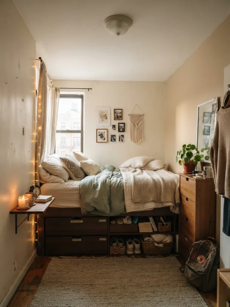 Tiny apartment bedroom with subtly elevated storage bed, warm layered bedding, realistic low-ceiling rental atmosphere, cozy balanced decor, Pinterest-style ultra realistic photography
