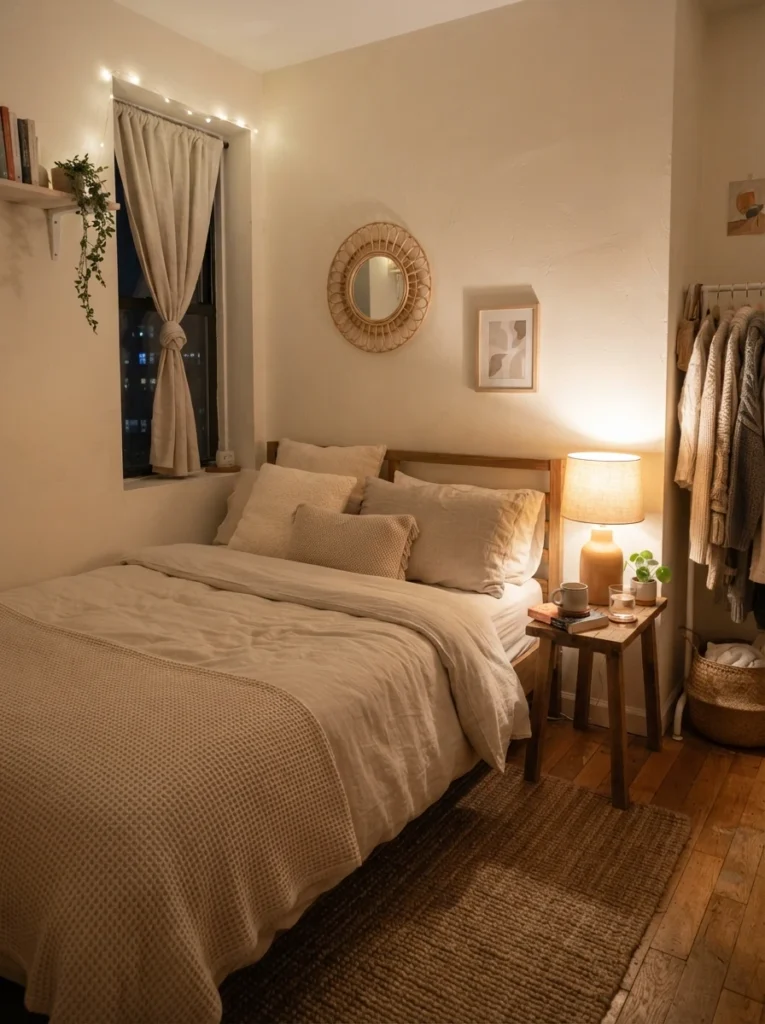 Tiny cozy bedroom with visually calm bedside area, warm lamp glow, soft neutral bedding, realistic compact apartment atmosphere, Pinterest-worthy photography