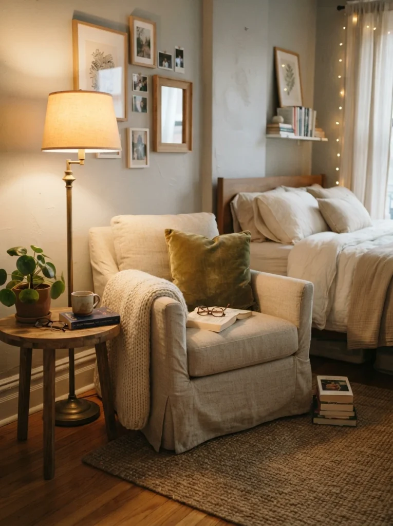 Pinterest-worthy cozy bedroom corner with reading chair, folded knit blanket, warm lamp glow, soft neutral decor, realistic apartment atmosphere