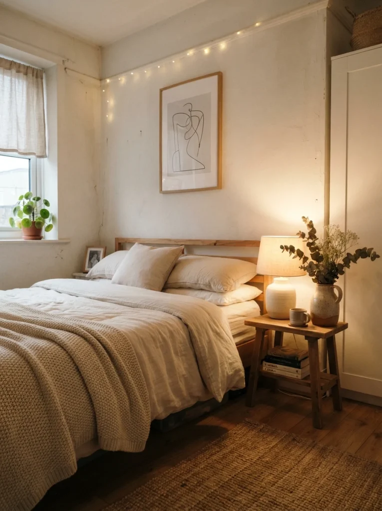 Small cozy bedroom with minimal intentional decor styling, framed artwork, ceramic vase, warm layered lighting, realistic compact apartment atmosphere