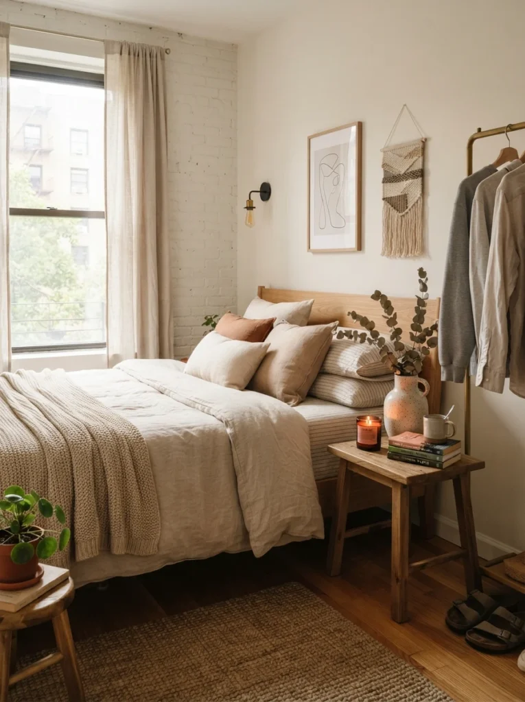 Small cozy bedroom with minimal Pinterest-inspired decor styling, ceramic vase, candles, books, warm neutral tones, realistic apartment atmosphere, ultra realistic photography