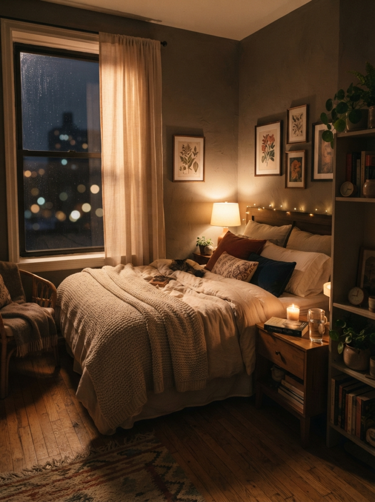 Small cozy bedroom near softly lit window at night, warm layered bedding, realistic apartment atmosphere, calming evening shadows, ultra realistic Pinterest photography