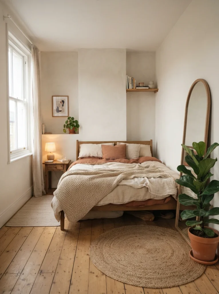 Tiny cozy bedroom with intentionally open floor space on one side, warm neutral decor, soft natural light, realistic apartment proportions, calming breathable layout, Pinterest-worthy ultra realistic interior photography