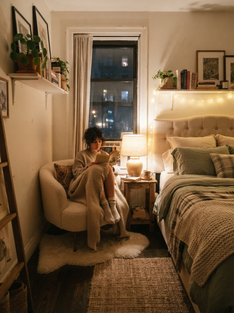 Tiny cozy bedroom with warm nighttime reading corner, soft ambient lamp glow, layered neutral textures, realistic apartment atmosphere, Pinterest-worthy photography
