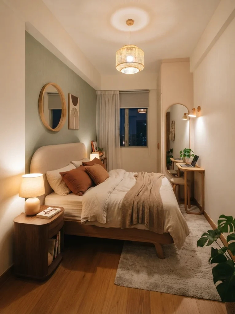 Tiny cozy bedroom with rounded furniture edges and soft modern decor, warm layered lighting, realistic compact apartment atmosphere