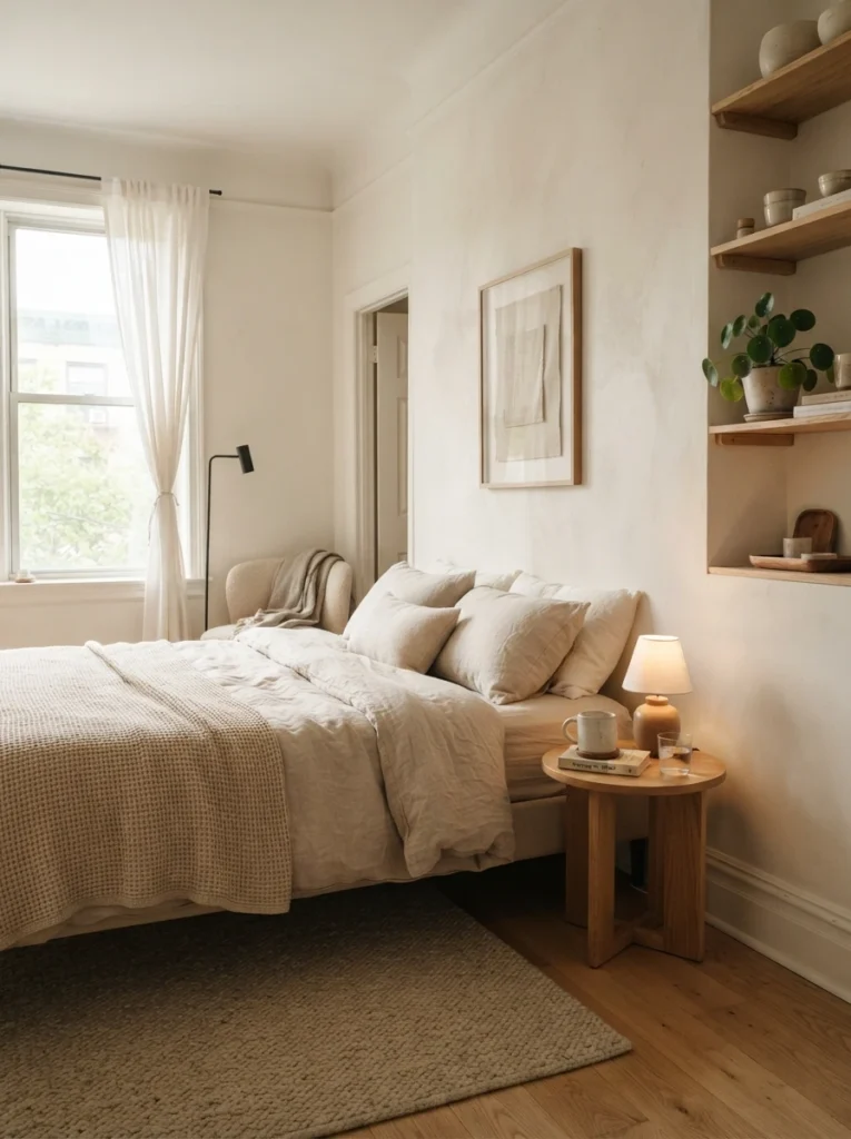 Minimalist cozy bedroom with warm neutral palette, layered beige textures, soft natural daylight, realistic apartment atmosphere, calm airy styling, ultra realistic Pinterest bedroom photography