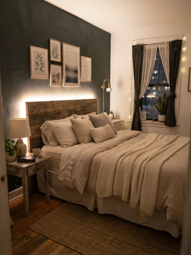 Small cozy bedroom with warm LED backlighting behind headboard, soft neutral bedding, realistic apartment proportions, layered calming atmosphere, ultra realistic Pinterest bedroom photography