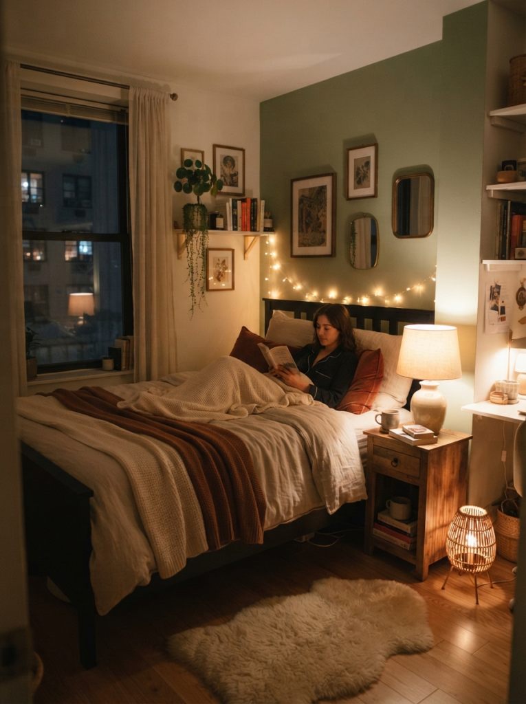Tiny cozy bedroom with warm layered ambient lighting, bedside lamp glow, soft evening shadows, realistic apartment atmosphere, Pinterest-worthy photography