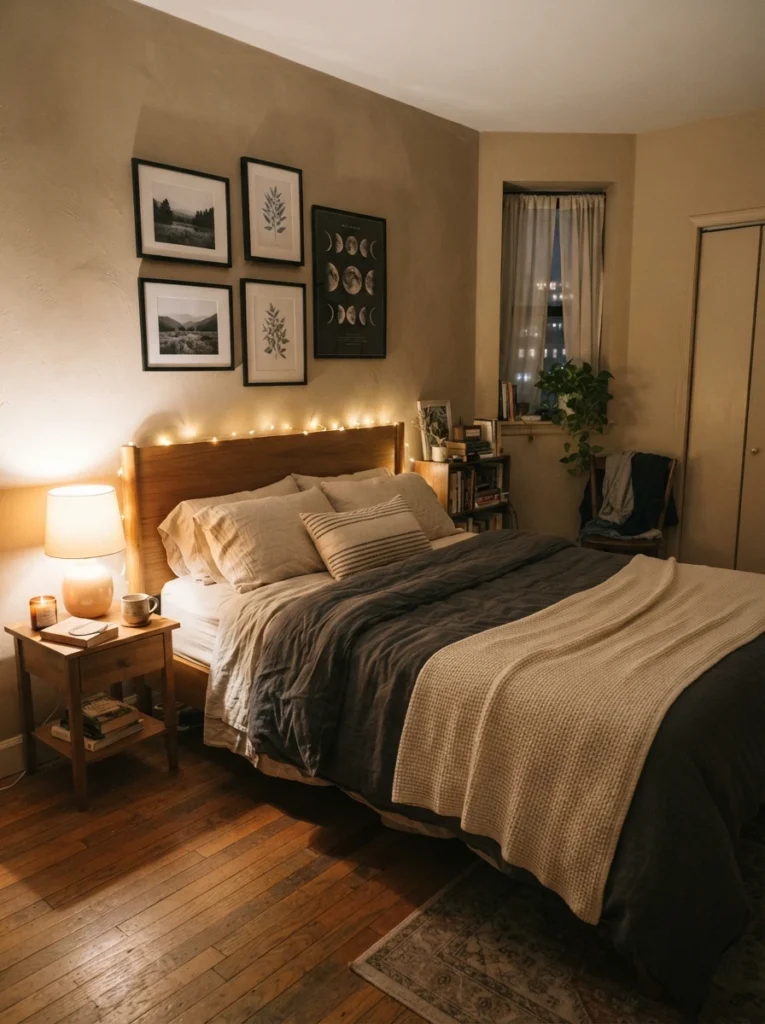 Small cozy bedroom with calm visual focal point around bed, warm ambient lighting, layered linen bedding, realistic apartment atmosphere