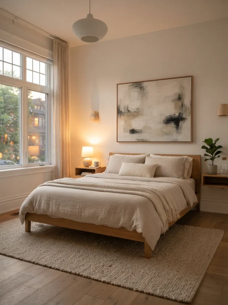 Minimal cozy bedroom with clean walls and simple oversized artwork, warm layered lighting, realistic apartment proportions, calming uncluttered atmosphere