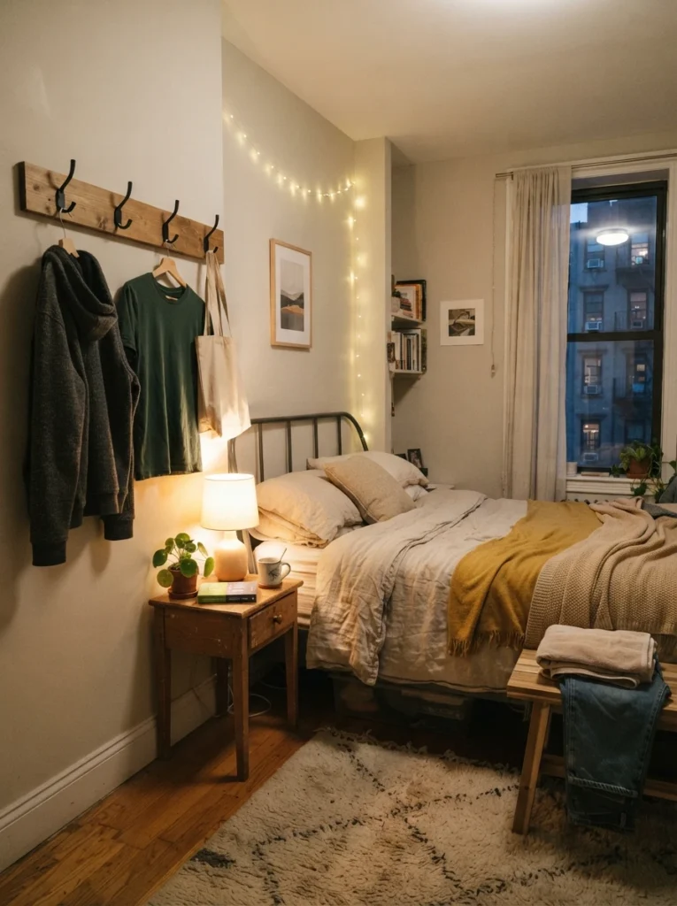 Small cozy bedroom with minimalist wall hooks holding everyday clothing, warm soft lighting, realistic apartment atmosphere