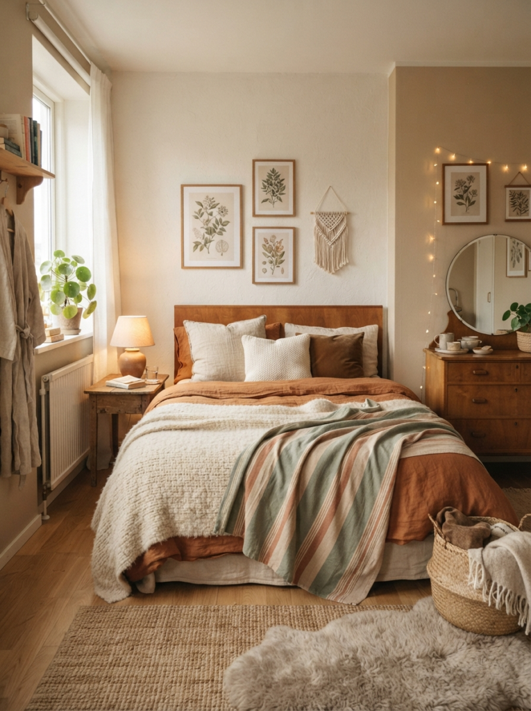 Small cozy bedroom with soft earth-tone decor palette, warm layered textures, realistic apartment atmosphere, Pinterest-style photography