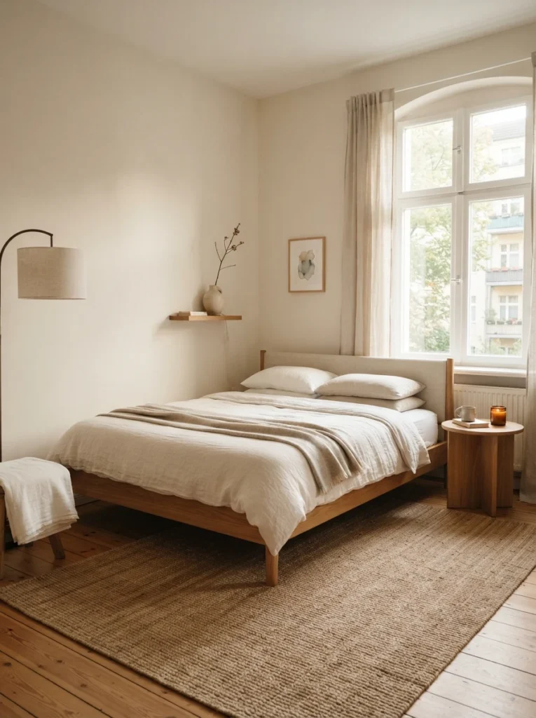Minimal cozy bedroom with intentional empty space and uncluttered styling, warm natural textures, soft daylight, realistic Pinterest-inspired apartment atmosphere