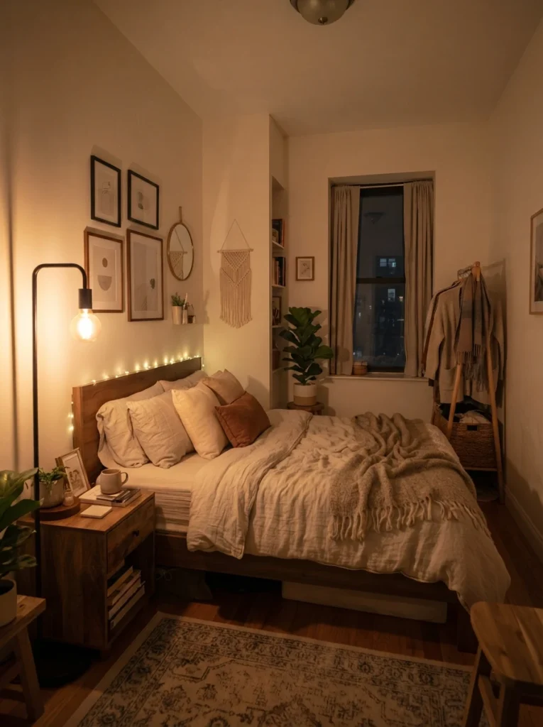 Small cozy bedroom with low floor lamp casting warm ambient glow, soft neutral decor, realistic compact apartment layout, layered lighting atmosphere, ultra realistic Pinterest home photography