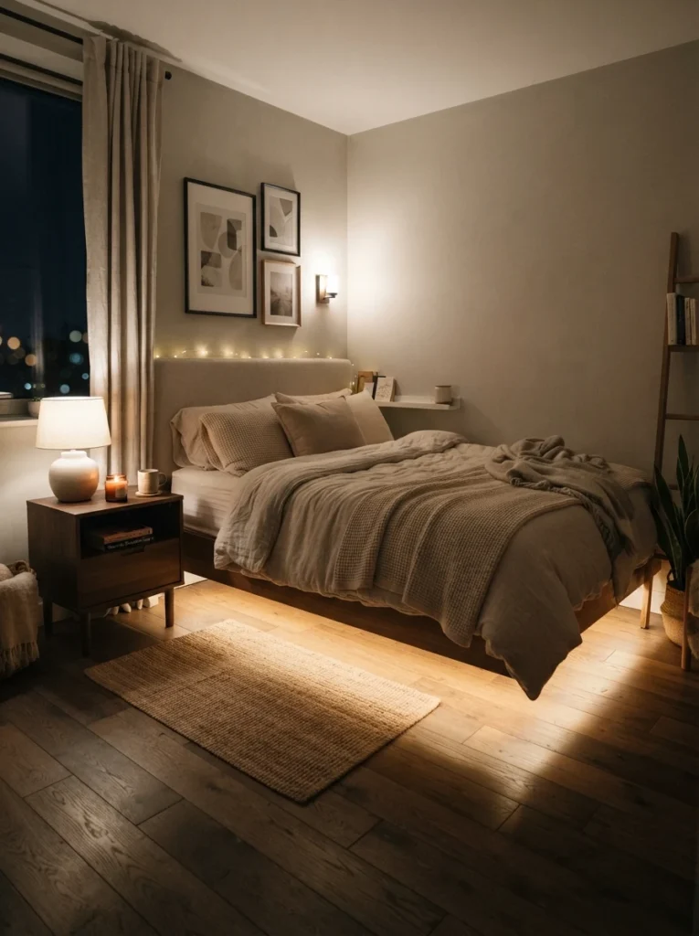 Small cozy bedroom with warm ambient floor lighting under bed, soft layered shadows, calming nighttime atmosphere, neutral decor palette, realistic compact apartment layout, ultra realistic Pinterest bedroom photography