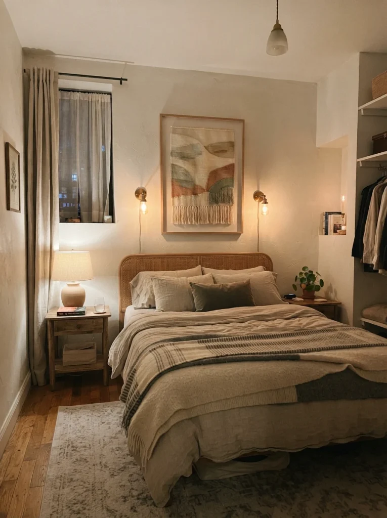 Small cozy bedroom with soft visual focal point above bed, warm ambient lighting, layered neutral textures, realistic apartment proportions