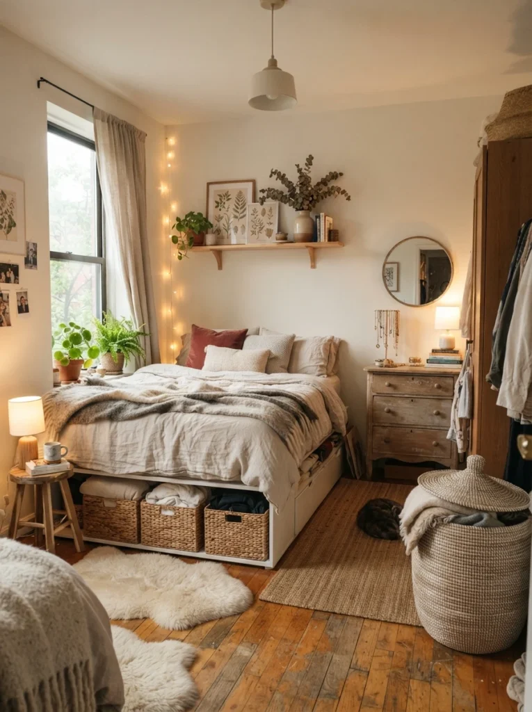 Small cozy bedroom with hidden storage and layered soft textures, woven baskets, linen bedding, warm natural decor, realistic apartment atmosphere