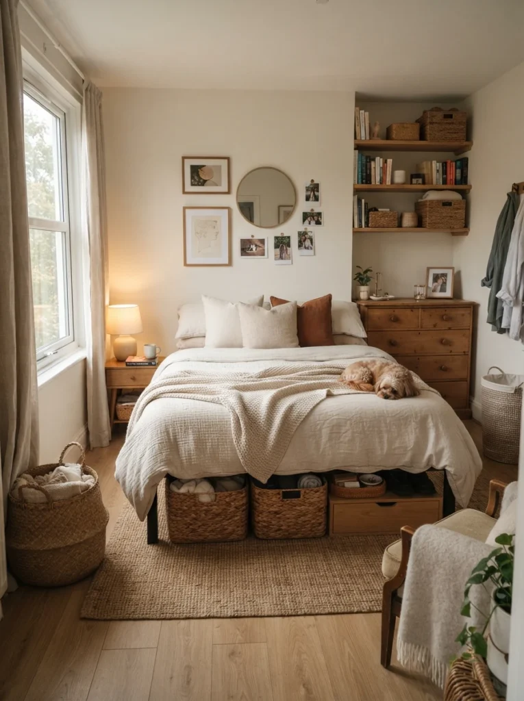 Small cozy bedroom with hidden storage solutions, woven baskets, clean soft surfaces, warm neutral decor, realistic lived-in atmosphere, calming clutter-free environment, Pinterest-style ultra realistic photography
