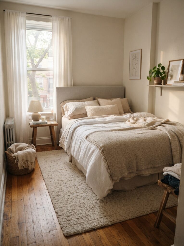 Cozy small bedroom with large soft neutral rug under bed, warm oak flooring, layered linen bedding, soft morning sunlight, realistic apartment proportions, calming textures, ultra realistic Pinterest interior photography