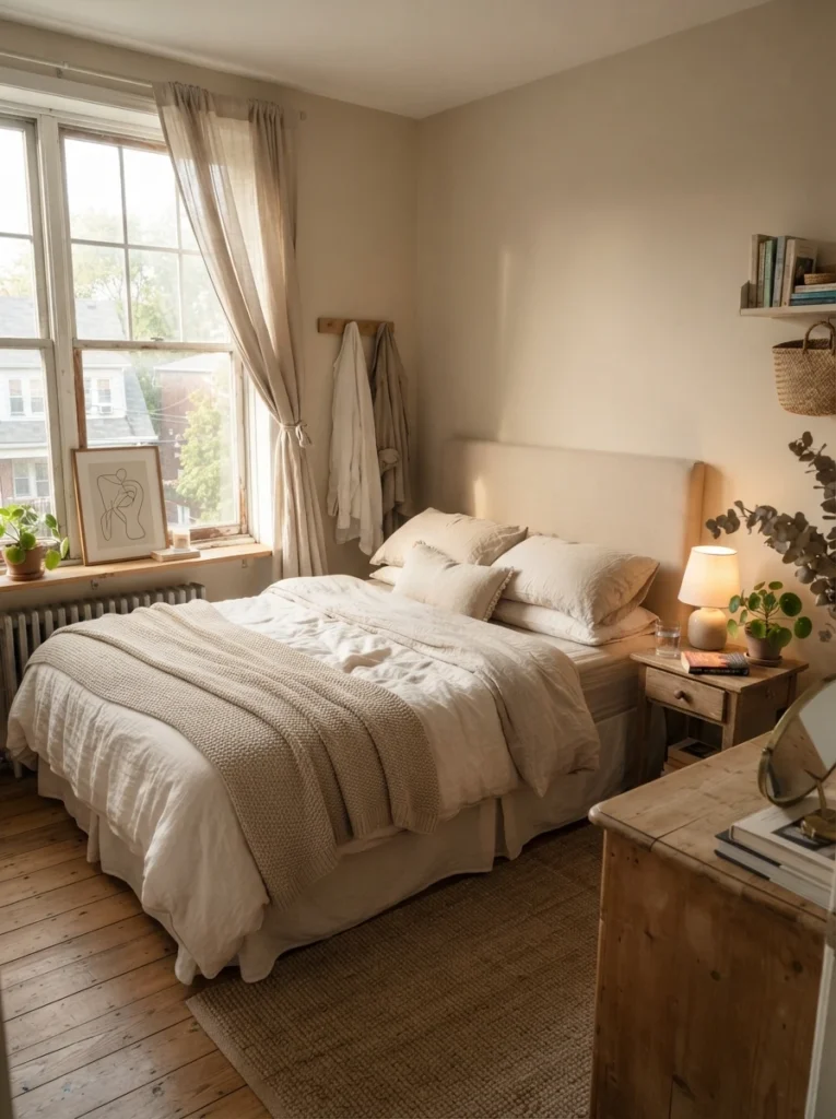 Small cozy bedroom with soft layered linen bedding, warm cream and beige color palette, natural morning sunlight, realistic apartment proportions, relaxed textures, calm inviting atmosphere, ultra realistic Pinterest bedroom photography