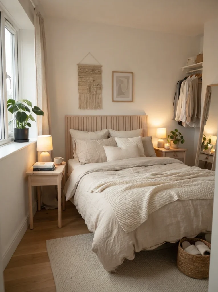 Tiny bedroom with slim light wood nightstands, warm layered lighting, cozy linen bedding, realistic apartment proportions, airy calming atmosphere, Pinterest-worthy ultra realistic home decor photography