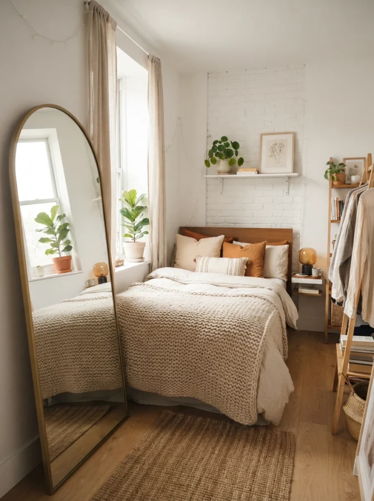 Tiny cozy bedroom with large mirror reflecting soft daylight and warm bedding, Pinterest-style atmosphere, airy compact layout, ultra realistic photography