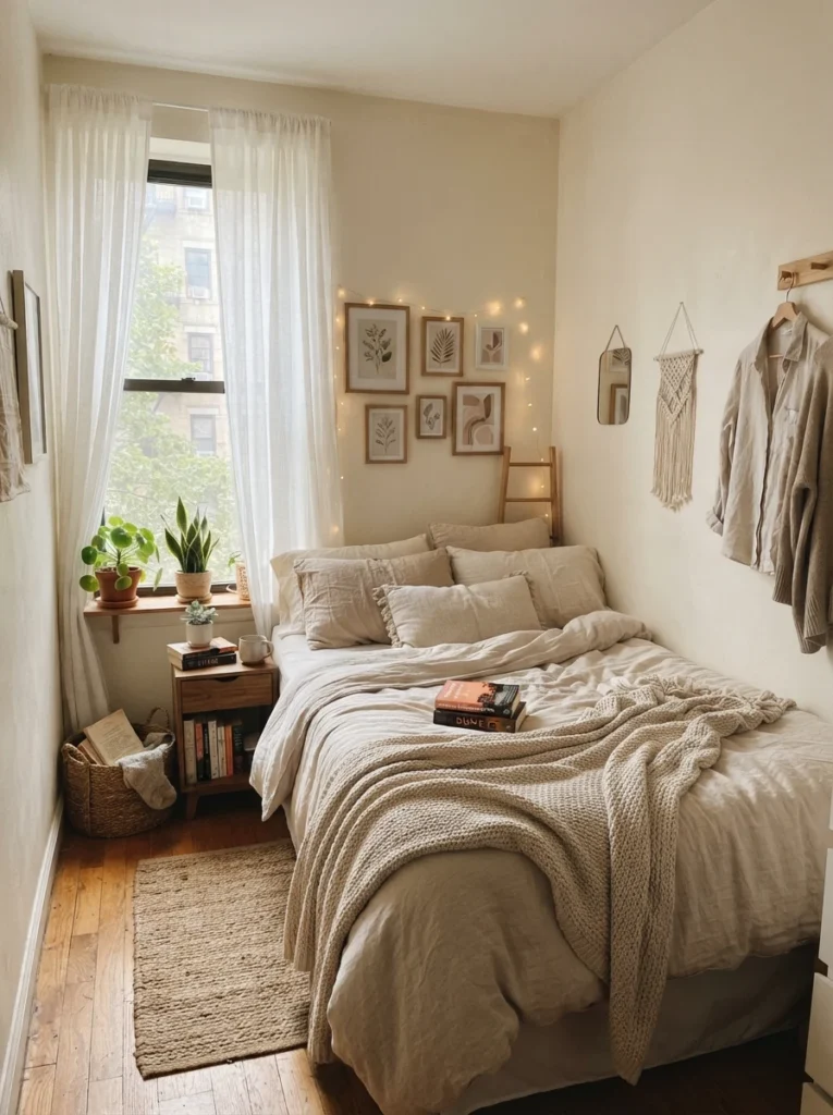 Tiny cozy bedroom with soft morning sunlight filtered through sheer linen curtains, warm neutral bedding, realistic apartment atmosphere, calming airy lighting, ultra realistic Pinterest bedroom photography
