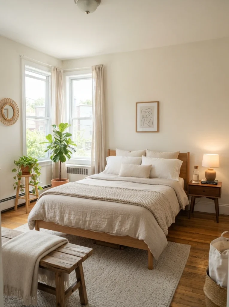Minimal cozy bedroom with one open airy corner, warm neutral bedding, soft natural light, realistic apartment atmosphere