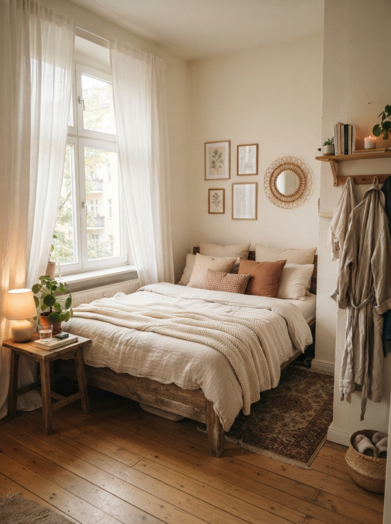 Tiny cozy bedroom with sheer curtains and soft natural sunlight, warm neutral decor, realistic apartment atmosphere, Pinterest-worthy interior photography