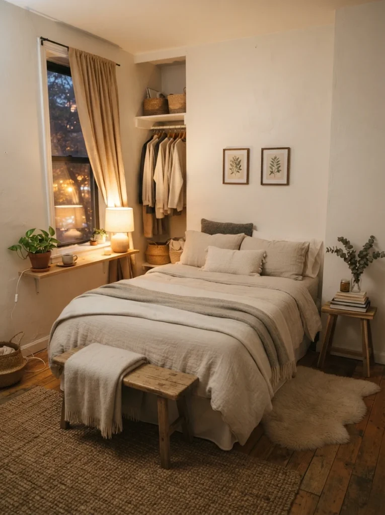 Cozy small bedroom with layered natural textures and minimal decor, warm ambient lighting, realistic compact apartment atmosphere